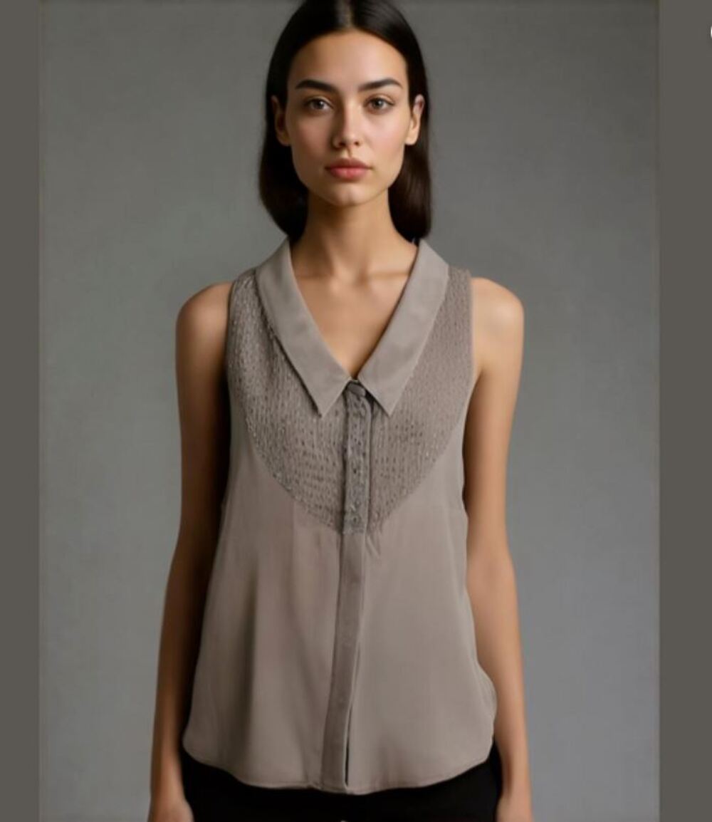 Rory Beca Tan Silk Beaded Bodice Sheer Sleeveless Collared Blouse Women Sz S